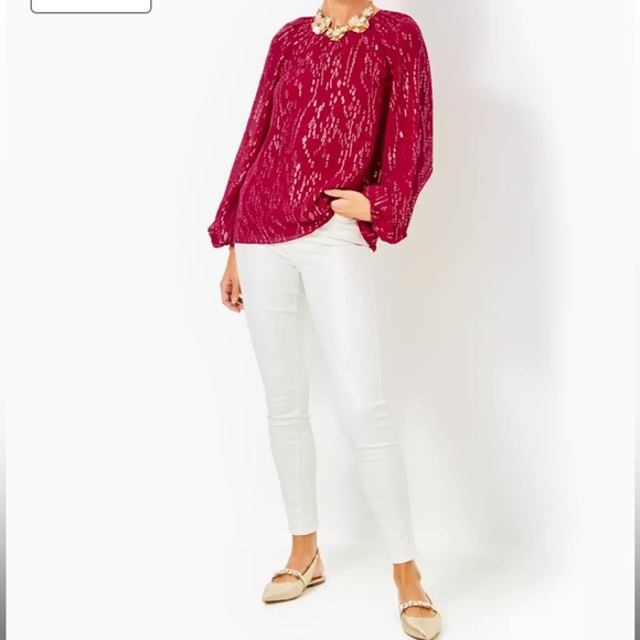 NWT Lilly Pulitzer Noraleen Silk Top Long Sleeved Metallic Red Women’s XS - Picture 2 of 12